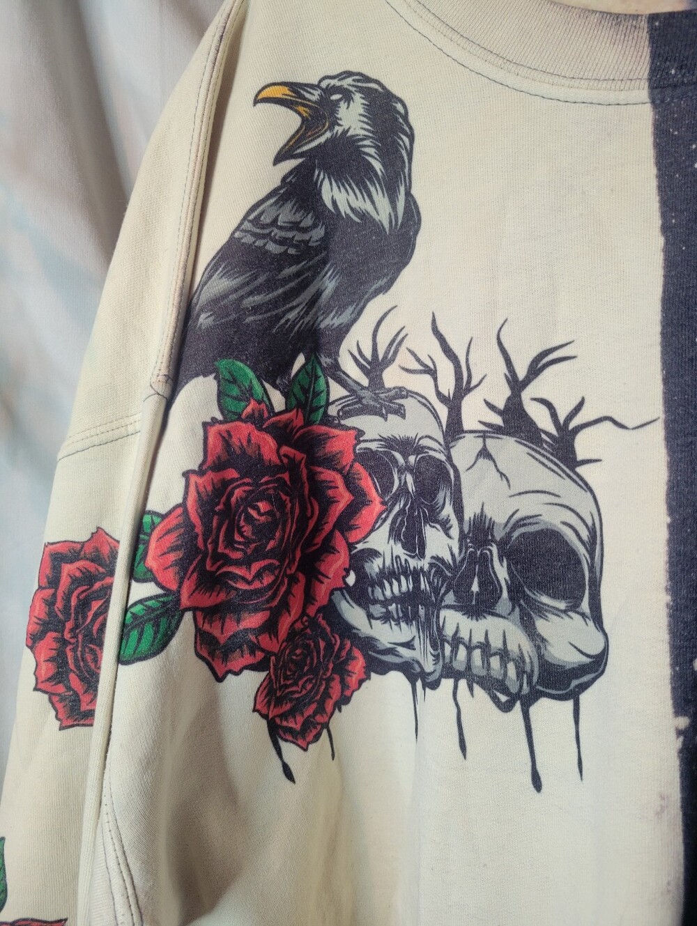 Dark Romance Raven, Skulls & Roses Half & Spotted Custom Bleach Sweater - Picture 4 of 13